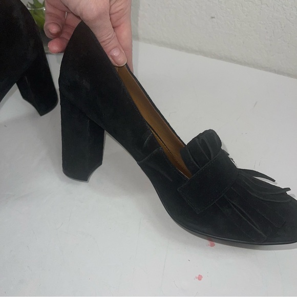 Franco Sarto black Suede Ainsley loafer pump block heel tassel fringe toes - Picture 2 of 8